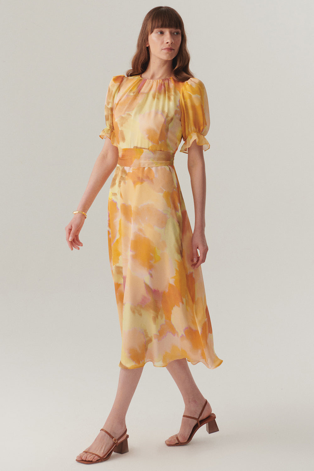 Exquise-Balon Kol Bisiklet Yaka Bele Oturan Soyut Desen Midi Elbise-ELBİSE-3-Milagron.com