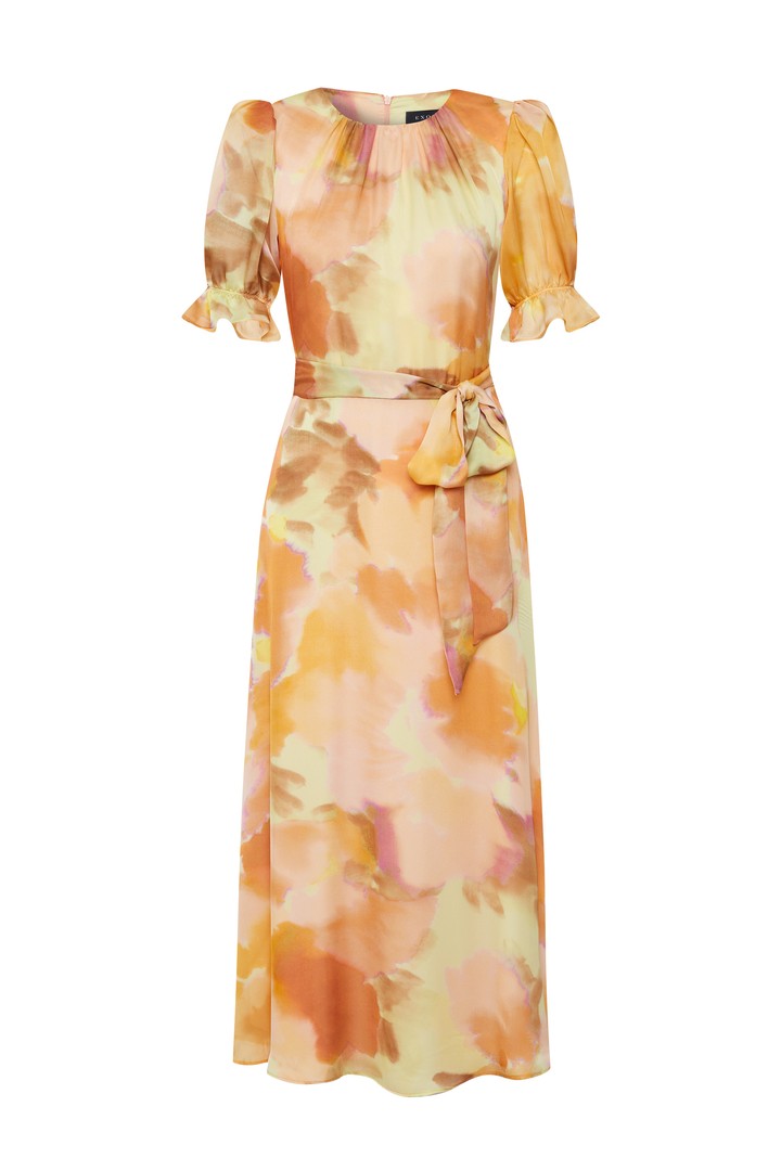 Exquise-Balon Kol Bisiklet Yaka Bele Oturan Soyut Desen Midi Elbise-ELBİSE-6-Milagron.com