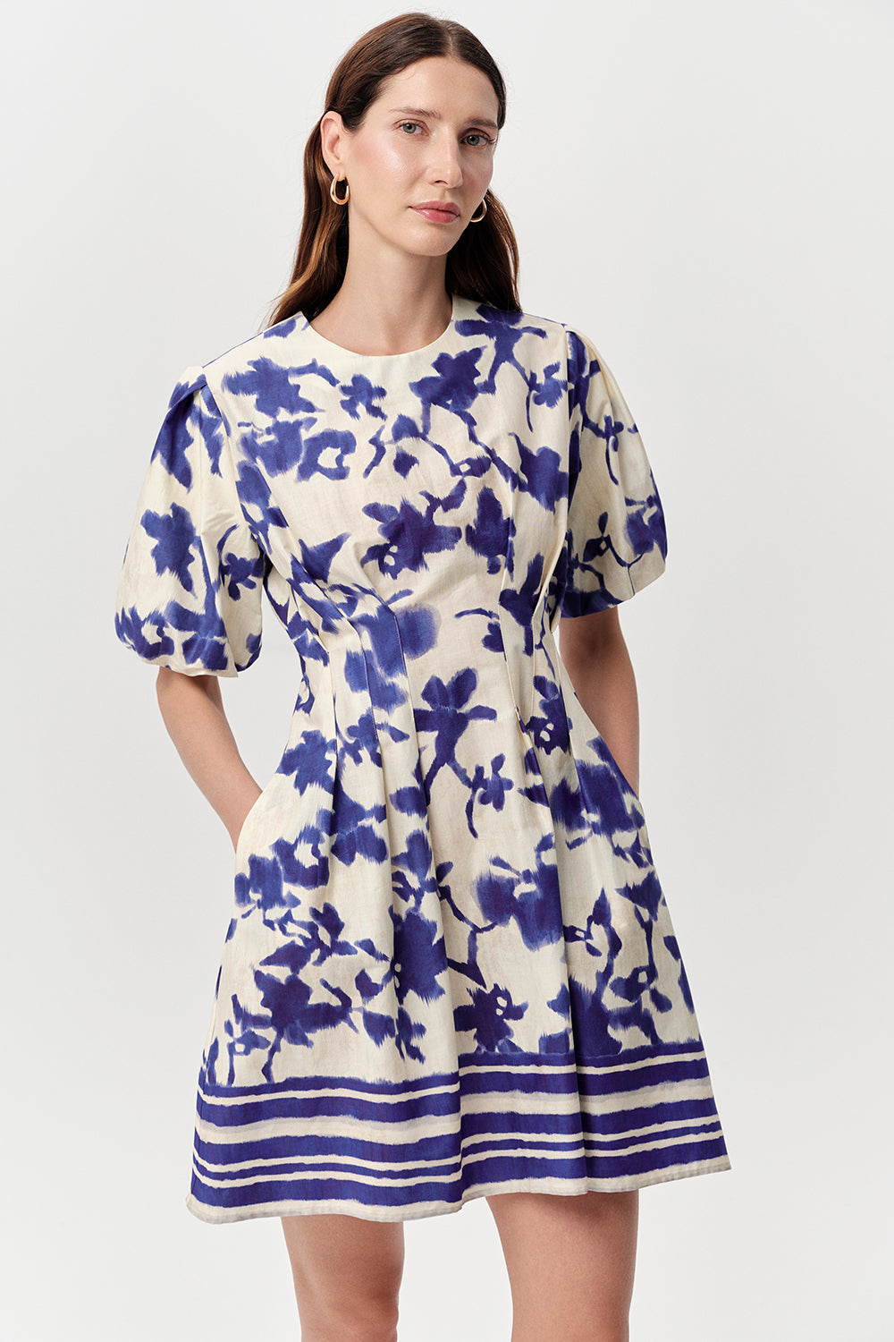 Balon Kollu Cepli Bele Oturan Fermuarlı Mini Saks Kemik Elbise