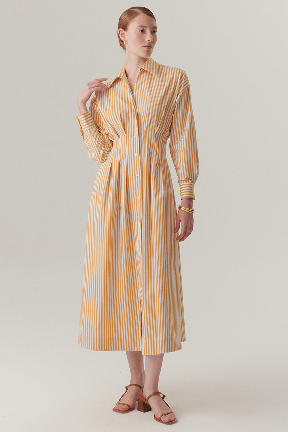 Exquise-Belden Oturtmalı çizgili Regular Midi Gömlek Elbise-ELBİSE-3-Milagron.com