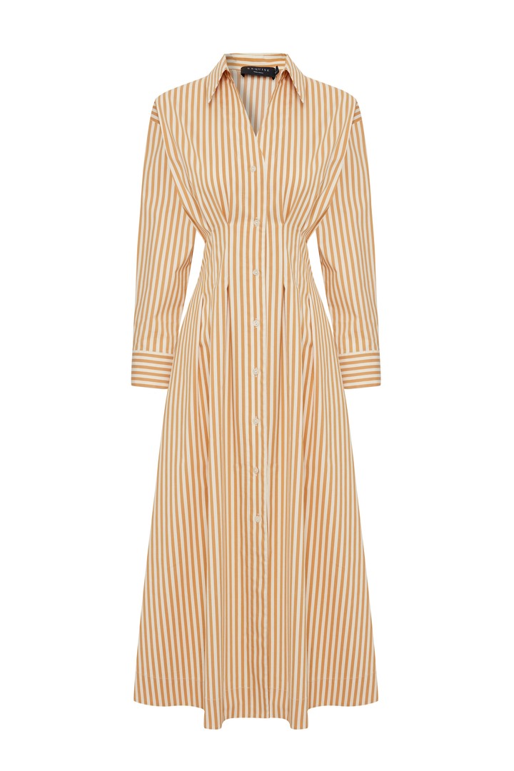 Exquise-Belden Oturtmalı çizgili Regular Midi Gömlek Elbise-ELBİSE-6-Milagron.com