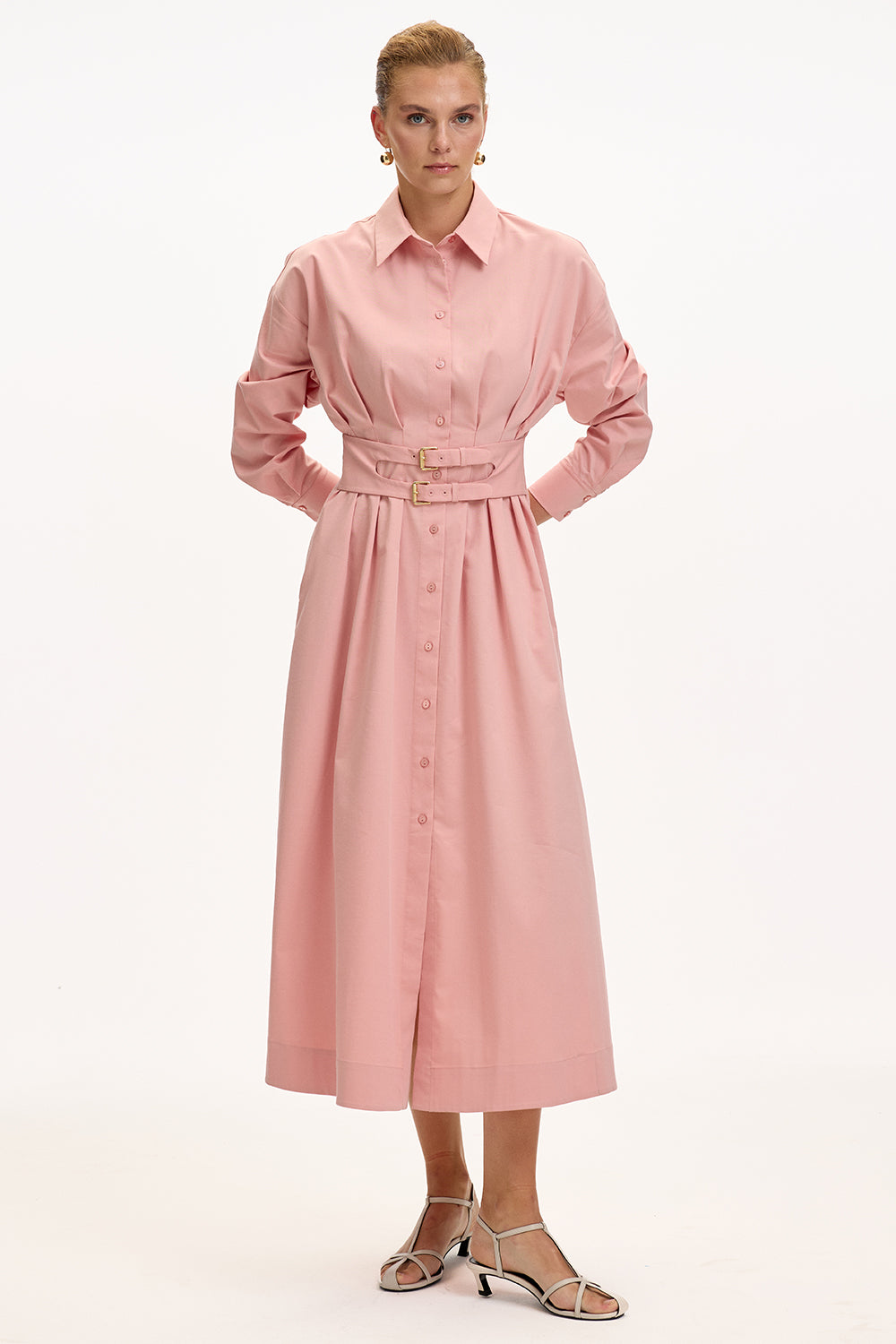 Exquise-Bele Oturan Kemer Detaylı Regular Midi Gömlek Elbise-ELBİSE-1-Milagron.com