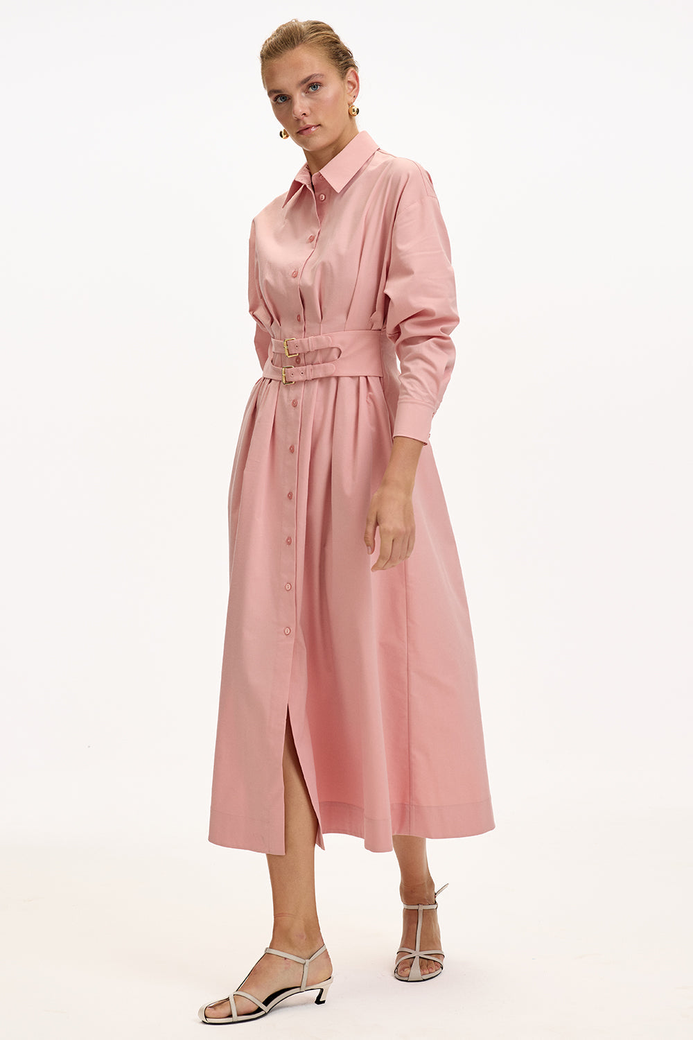 Exquise-Bele Oturan Kemer Detaylı Regular Midi Gömlek Elbise-ELBİSE-2-Milagron.com