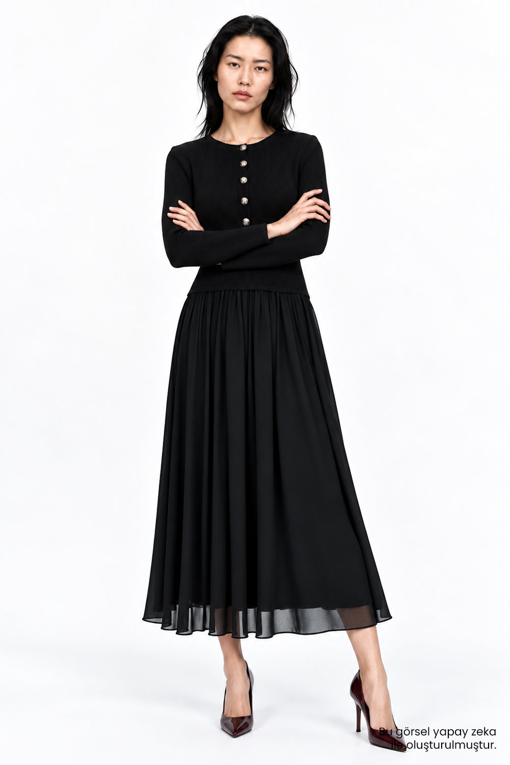 Bele Oturan Triko Garnili Astarlı Slim Fit Siyah Elbise