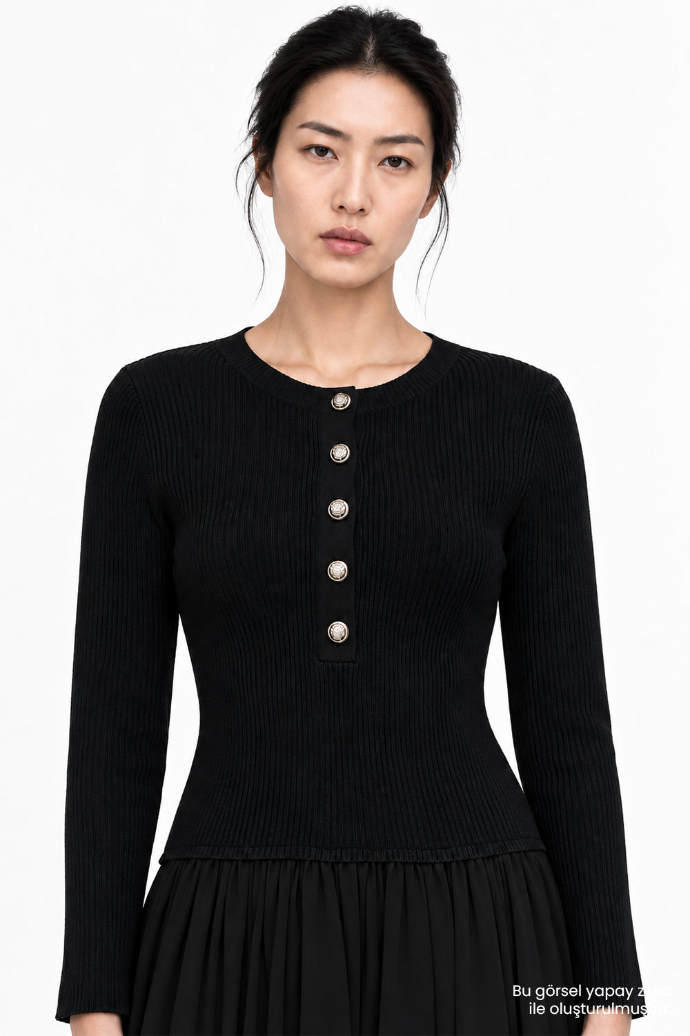 Bele Oturan Triko Garnili Astarlı Slim Fit Siyah Elbise
