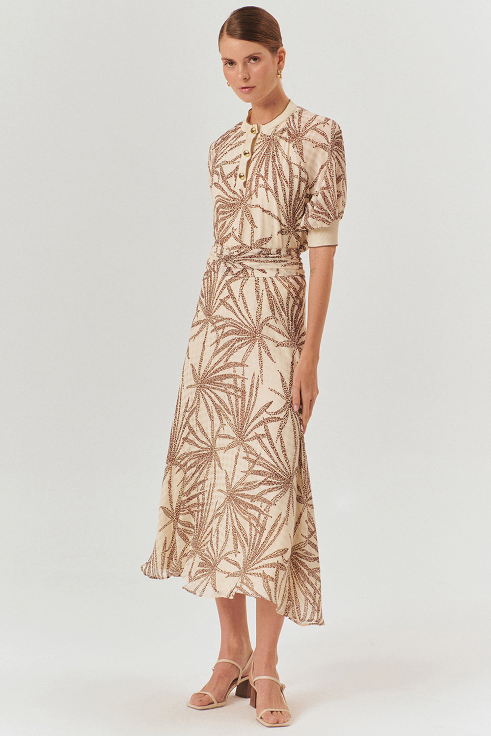 Exquise-Beli Büzgülü Yaprak Desenli Regular Rayon şifon Midi Boy Etek-Etek-3-Milagron.com