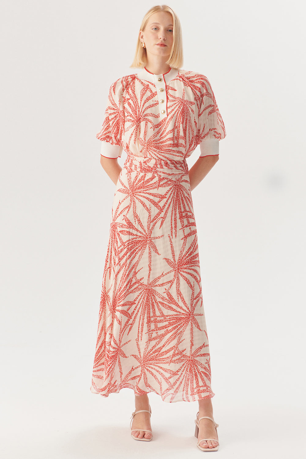 Exquise-Beli Büzgülü Yaprak Desenli Regular Rayon şifon Midi Boy Etek-Etek-7-Milagron.com