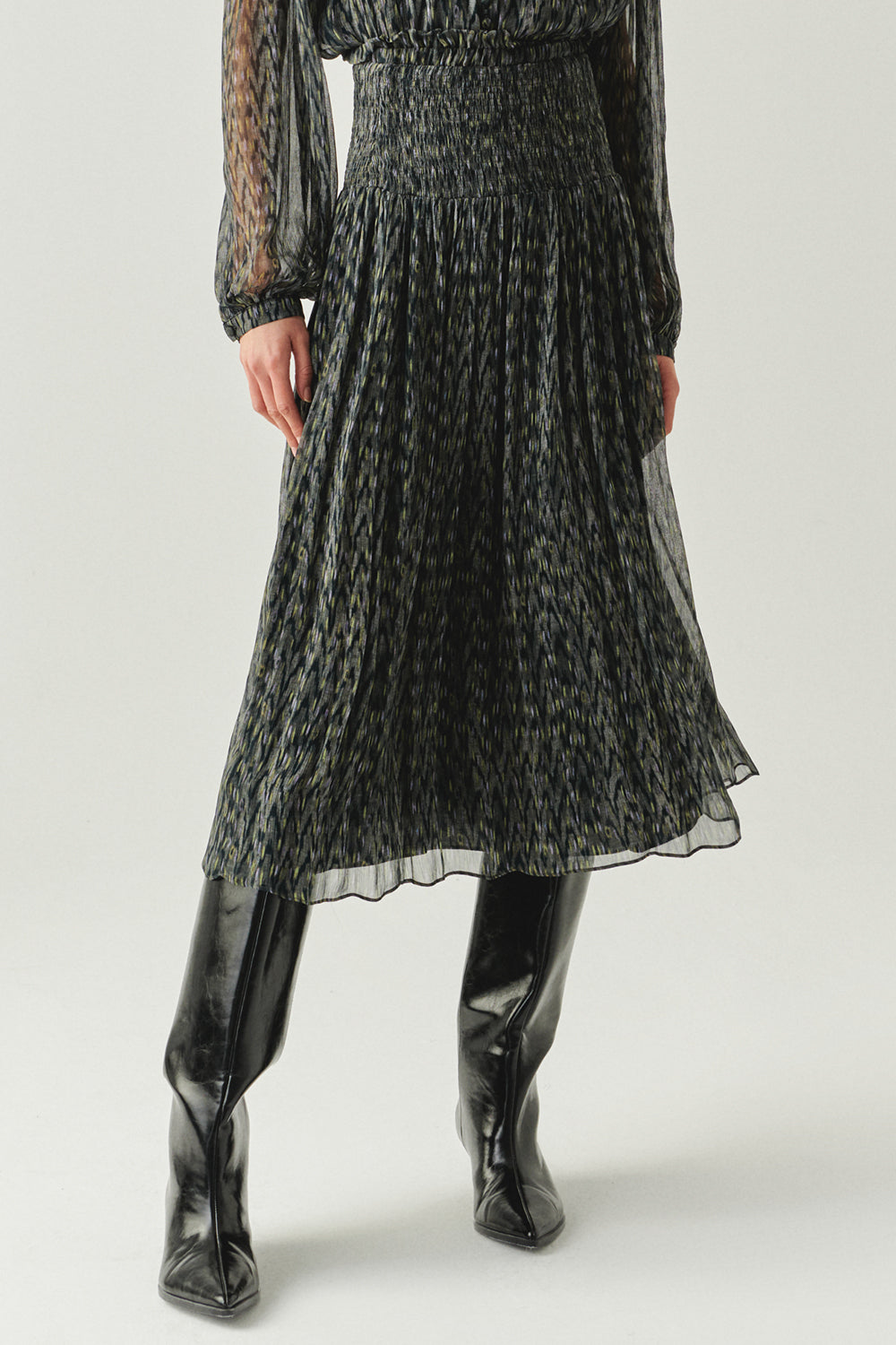 Exquise-Beli Gipeli Büzgülü Regular Midi çok Renkli Etek-ETEK-5-Milagron.com