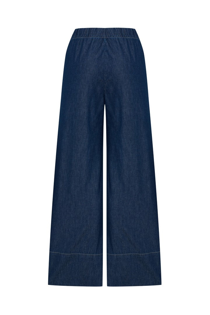 Exquise-Beli Lastikli Bağcık Detaylı İndigo Geniş Paça Pamuk Denim Pantolon-Kot Pantolon-6-Milagron.com