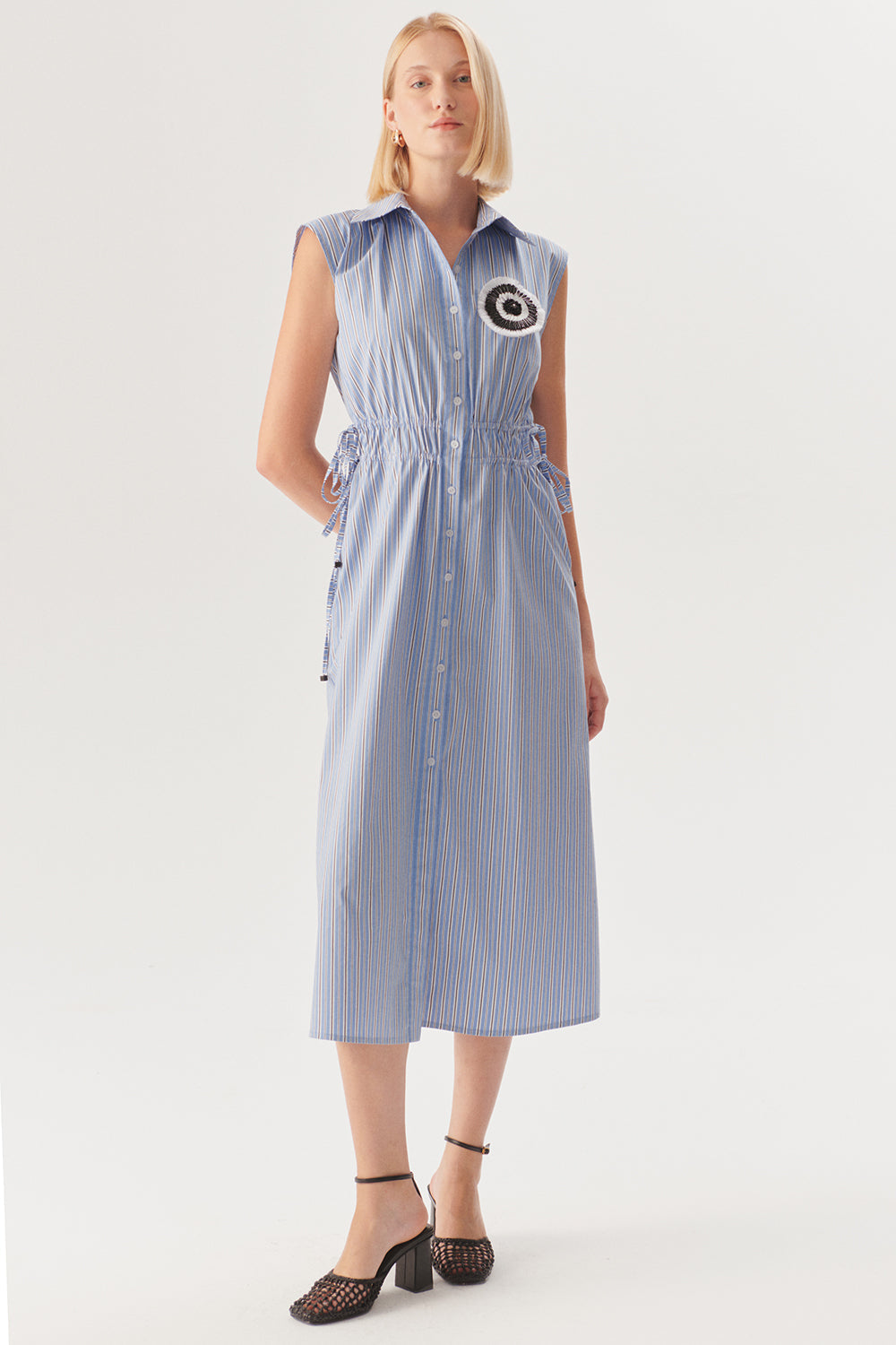Exquise-Beli Lastikli Bağcık Detaylı Mavi Çizgili Pamuklu Midi Gömlek Elbise-Elbise-3-Milagron.com