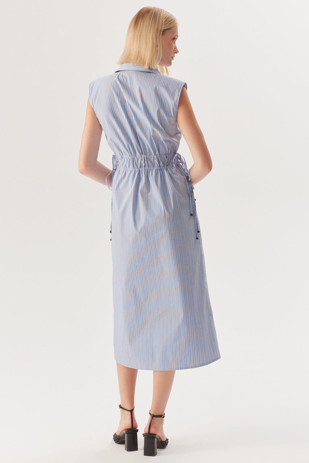 Exquise-Beli Lastikli Bağcık Detaylı Mavi Çizgili Pamuklu Midi Gömlek Elbise-Elbise-4-Milagron.com