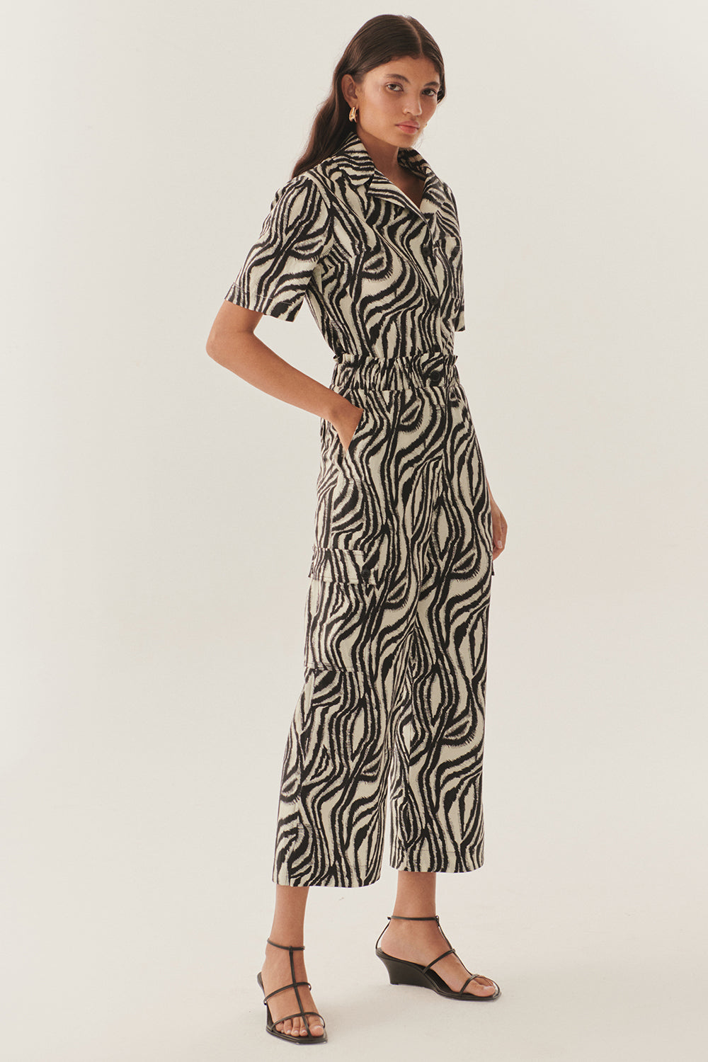 Exquise-Beli Lastikli Zebra Desenli Regular Pamuklu Pantolon-Pantolon-3-Milagron.com