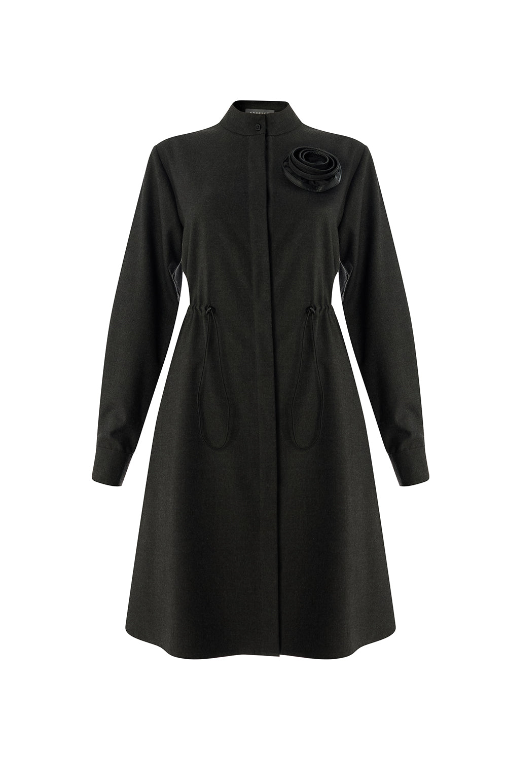 Exquise-Beli Lastikli çiçek Aksesuarlı Regular Mini Gri Elbise-ELBİSE-6-Milagron.com