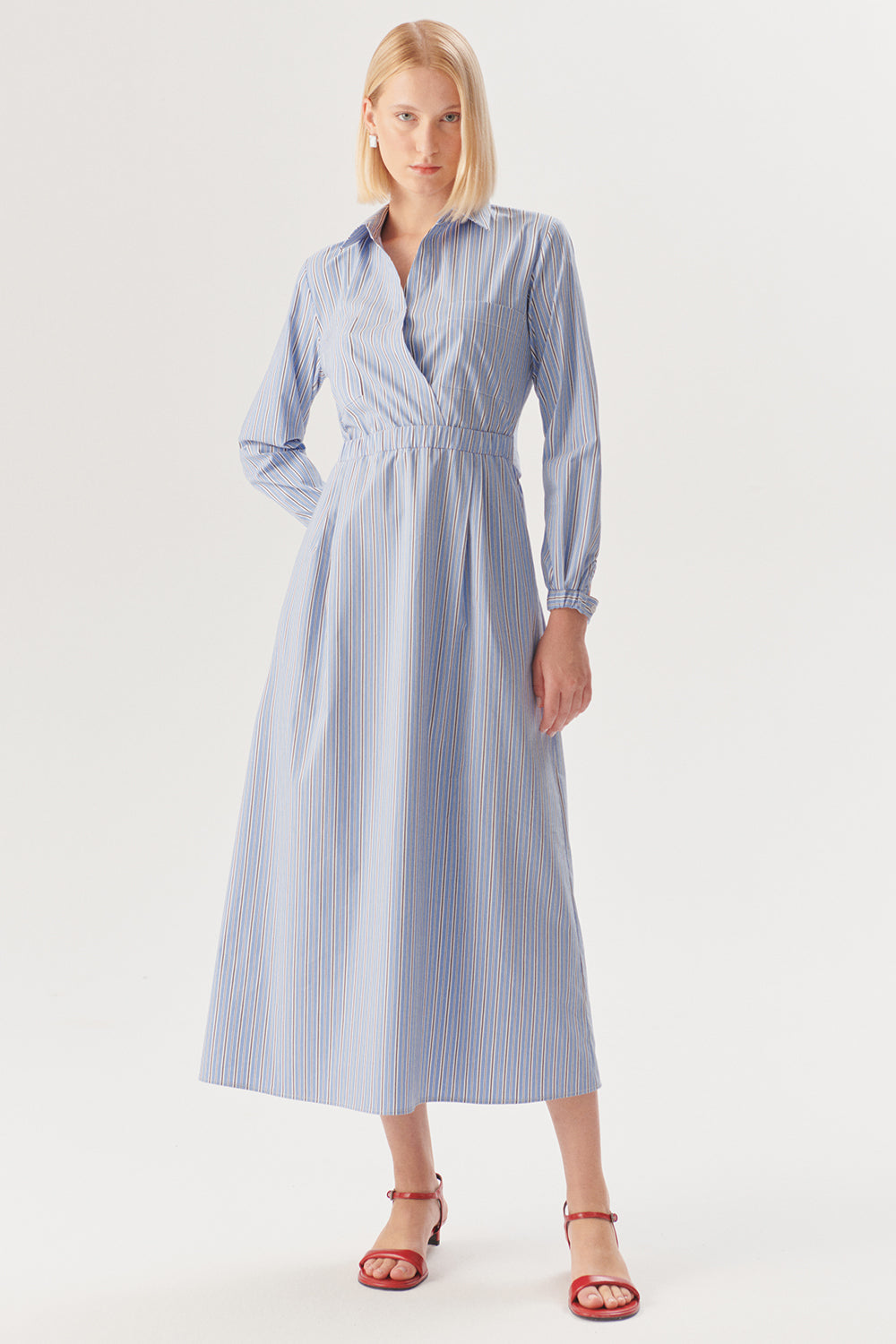 Exquise-Beli Lastikli çizgili Regular Midi Elbise-Elbise-1-Milagron.com