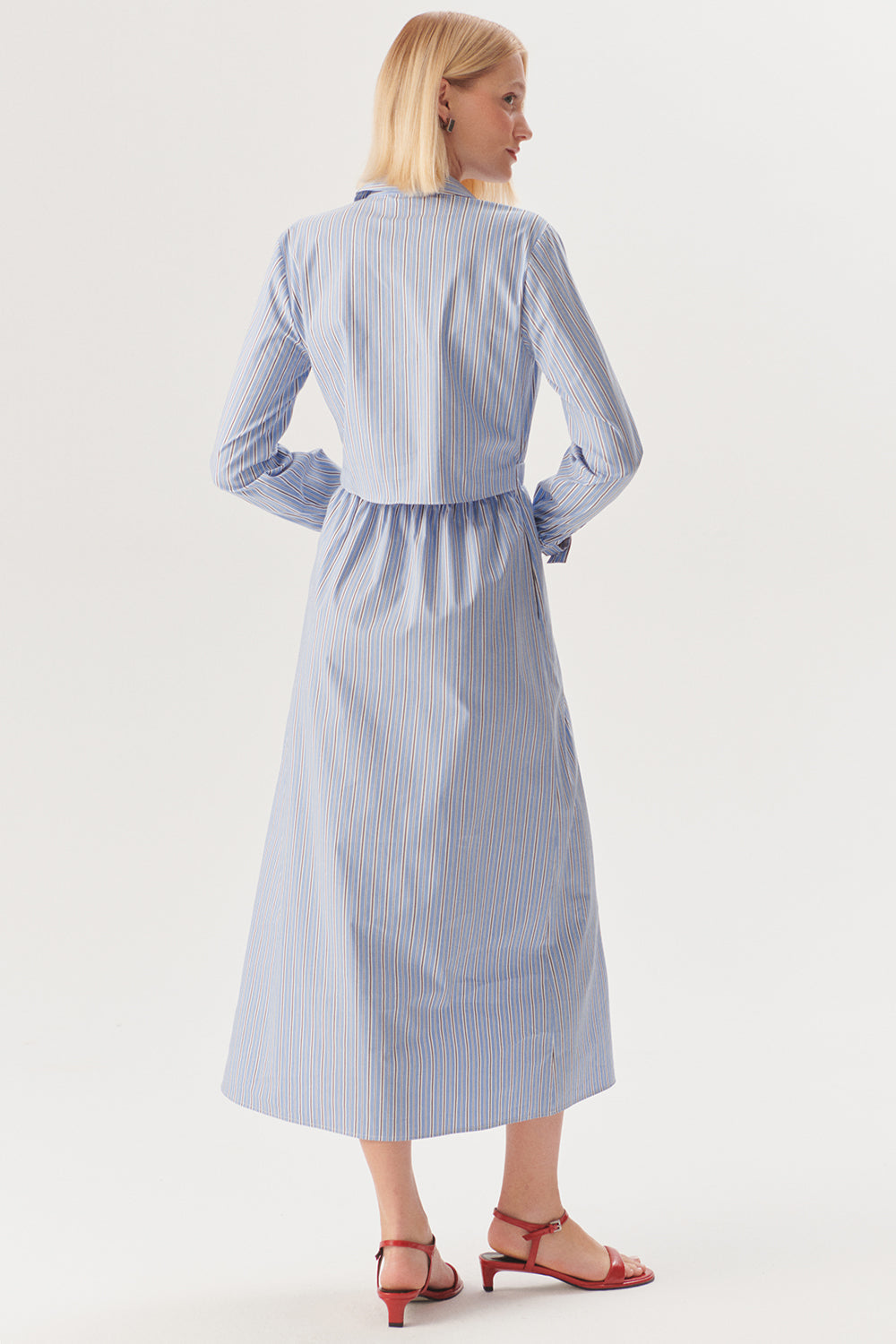 Exquise-Beli Lastikli çizgili Regular Midi Elbise-Elbise-4-Milagron.com