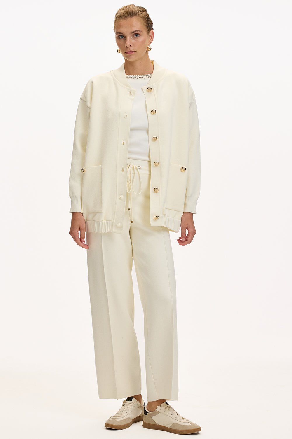 Exquise-Bisiket Yaka Cepli Gold Düğmeli Oversize Ekru Tirko Hırka-HIRKA-4-Milagron.com