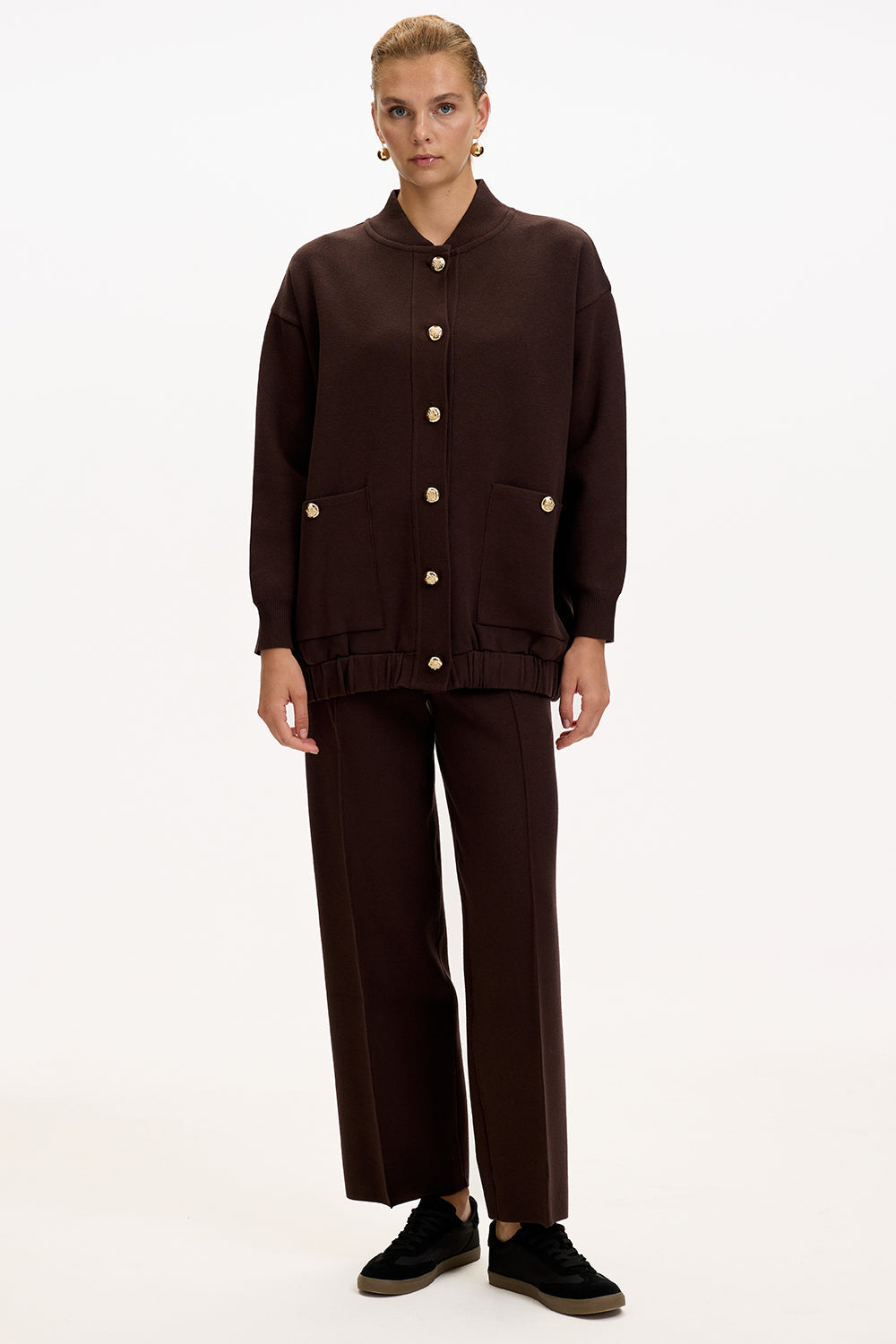 Exquise-Bisiket Yaka Cepli Gold Düğmeli Oversize Kahve Tirko Hırka-HIRKA-5-Milagron.com