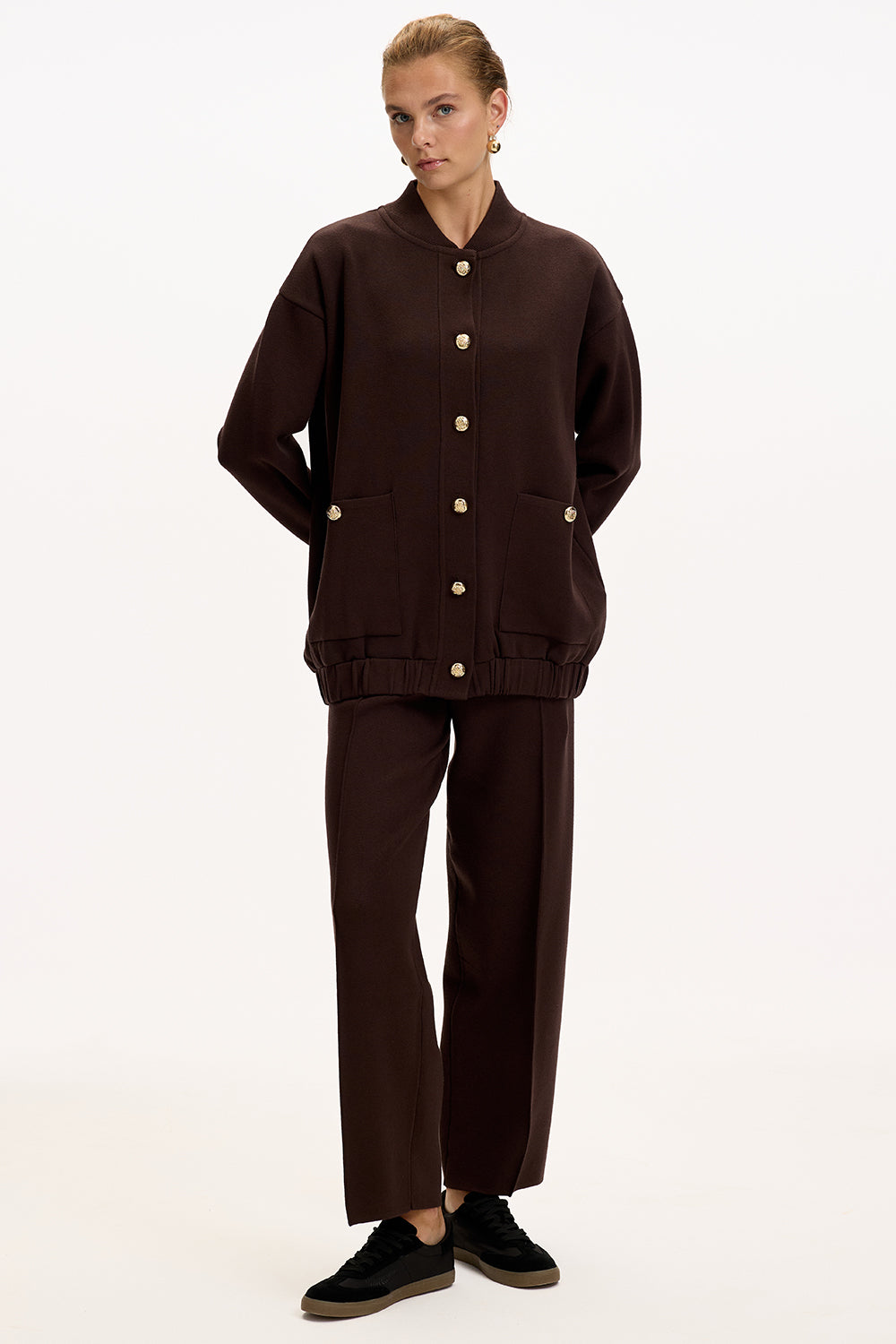 Exquise-Bisiket Yaka Cepli Gold Düğmeli Oversize Kahve Tirko Hırka-HIRKA-6-Milagron.com