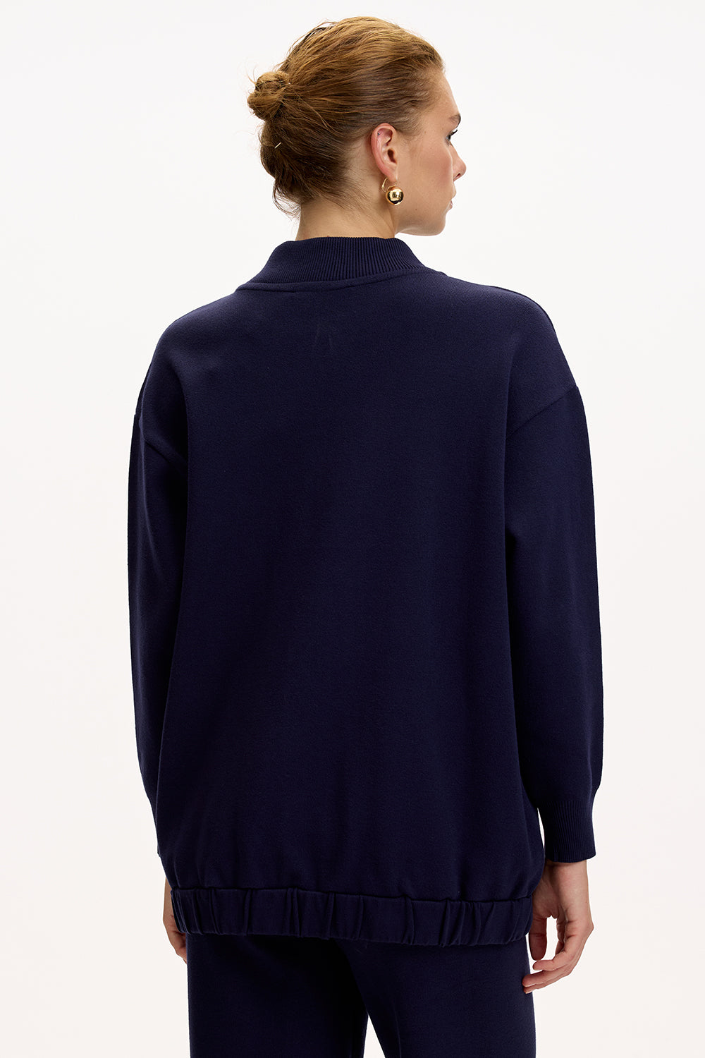 Exquise-Bisiket Yaka Cepli Gold Düğmeli Oversize Lacivert Tirko Hırka-HIRKA-2-Milagron.com