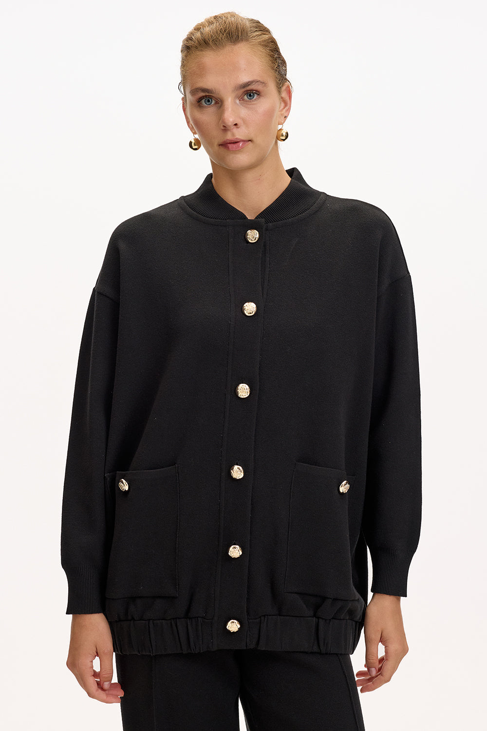 Exquise-Bisiket Yaka Cepli Gold Düğmeli Oversize Siyah Tirko Hırka-HIRKA-5-Milagron.com