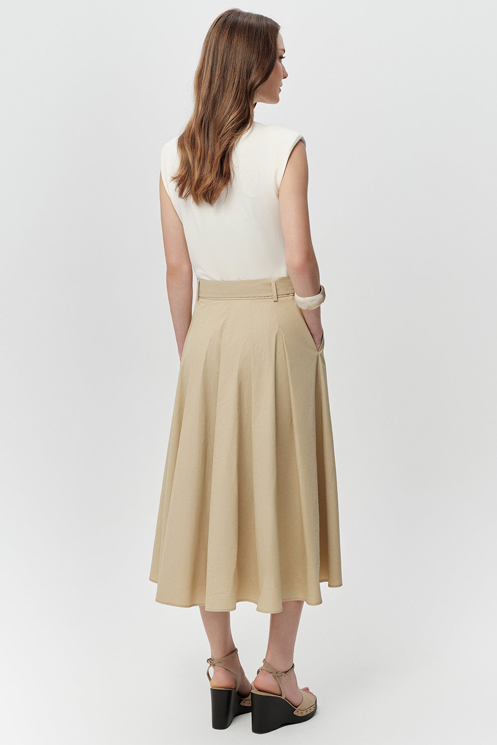 Bisiklet Yaka Cepli Regular Kuşaklı Regular Midi Ekru Elbise