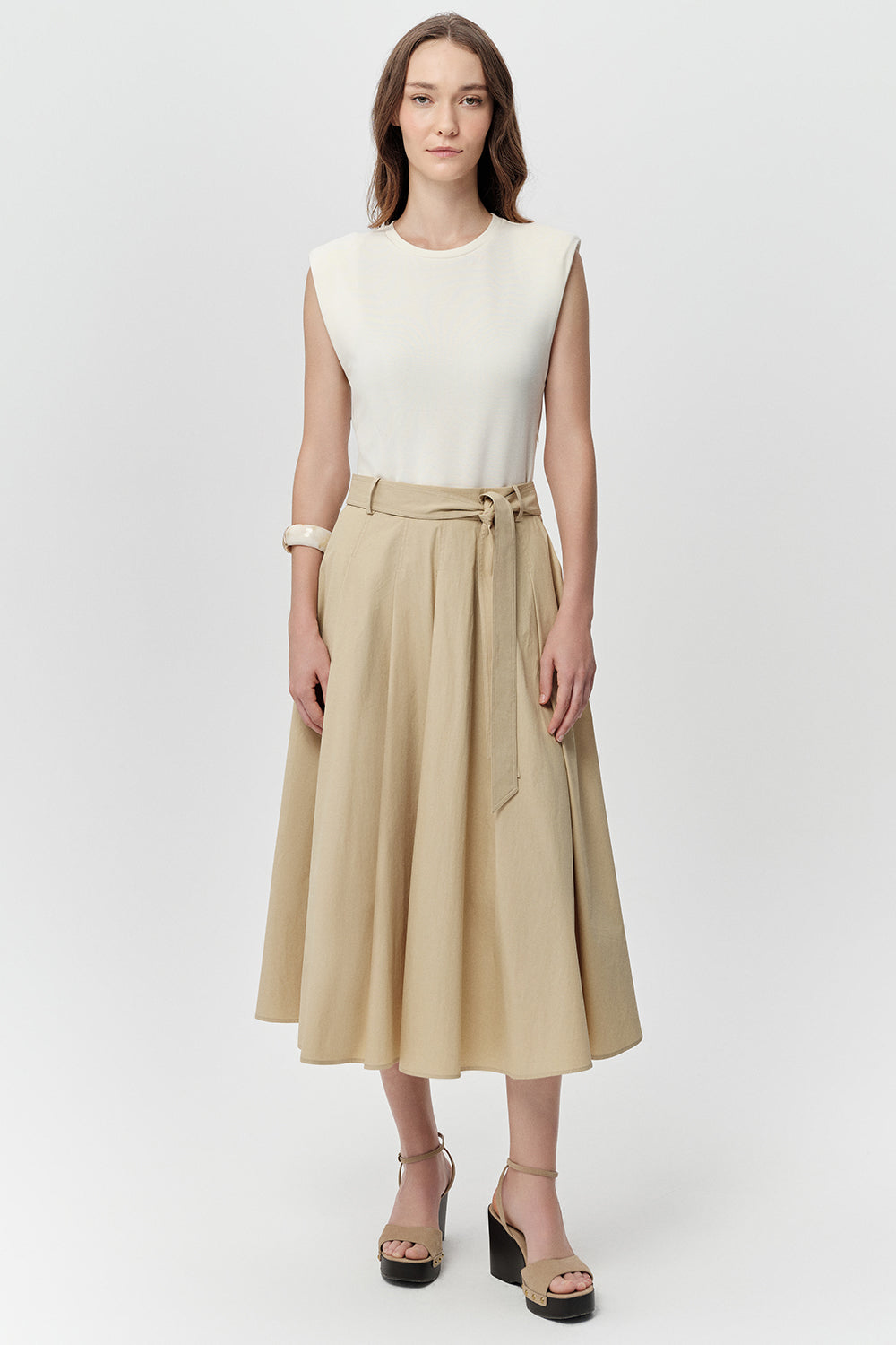 Bisiklet Yaka Cepli Regular Kuşaklı Regular Midi Ekru Elbise