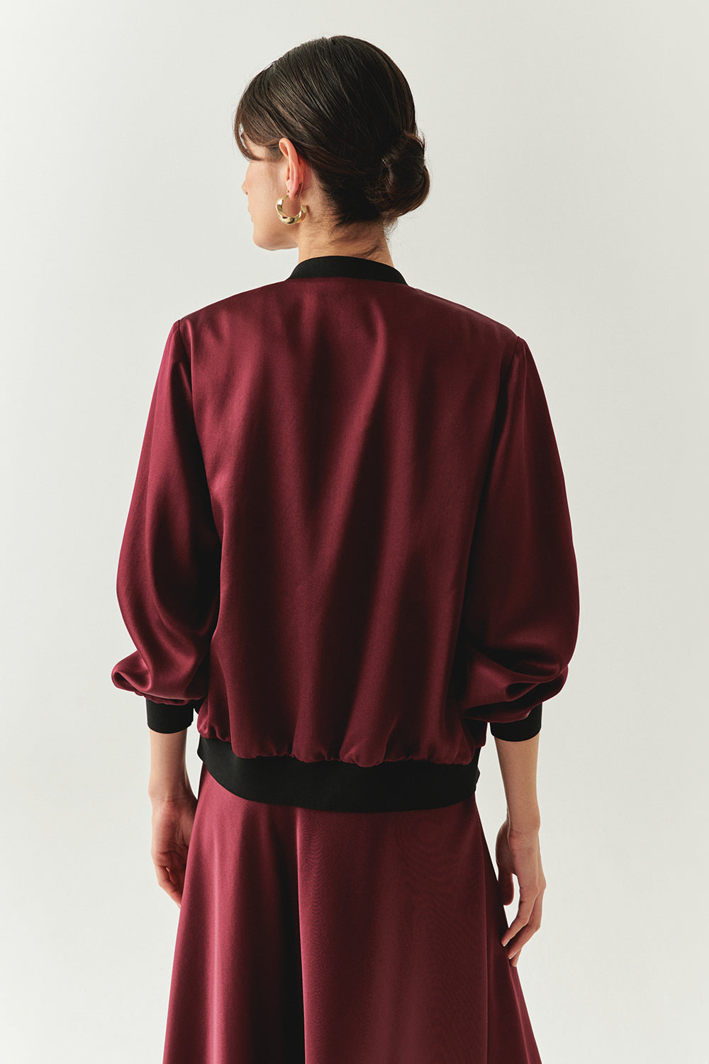 Exquise-Bisiklet Yaka Cepli Saten Yüzeyli Regular Fermuarlı Vişne Ceket-CEKET-2-Milagron.com