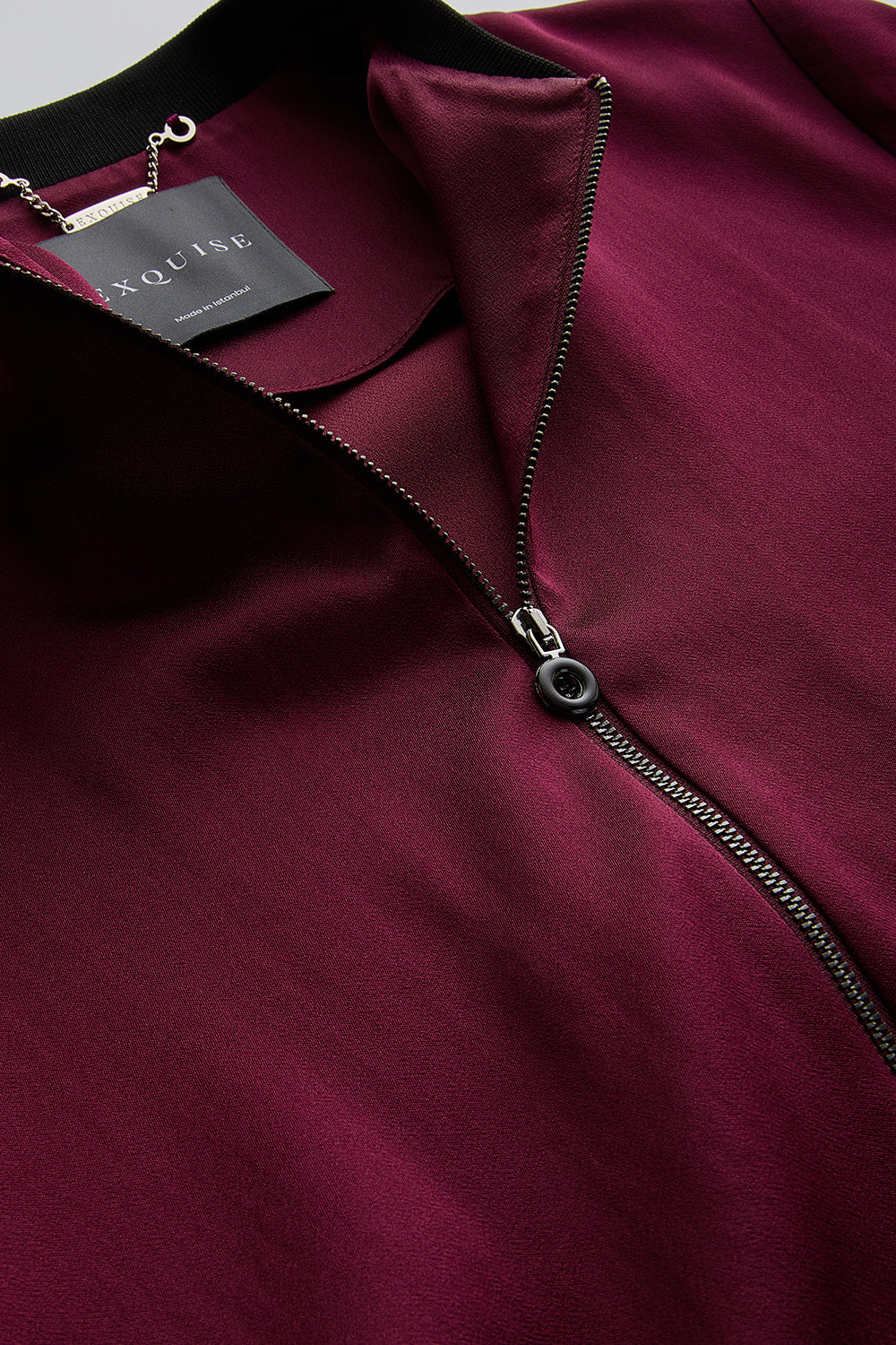 Exquise-Bisiklet Yaka Cepli Saten Yüzeyli Regular Fermuarlı Vişne Ceket-CEKET-5-Milagron.com