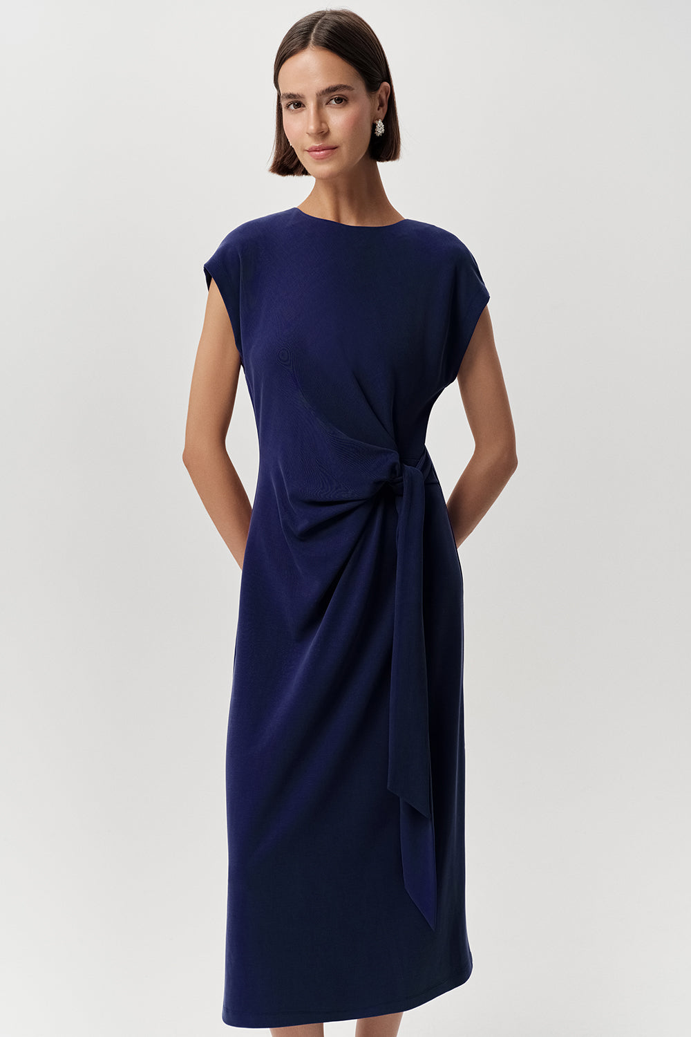 Bisiklet Yaka Fermuarlı Midi Regular Örme Lacivert Elbise