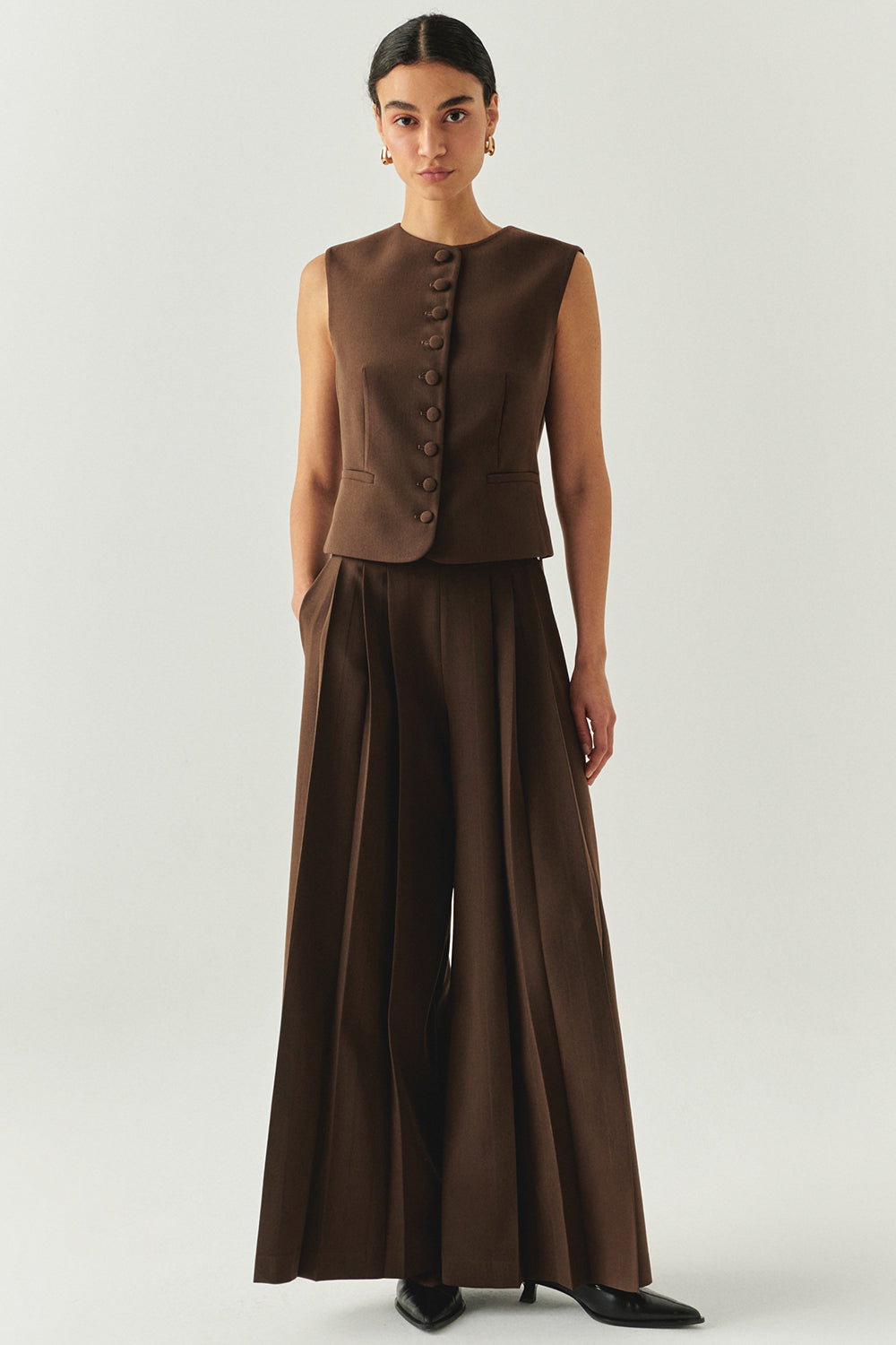 Exquise-Bisiklet Yaka Fileto Cep Astarlı Düz Regular Kahve Yelek-YELEK-5-Milagron.com