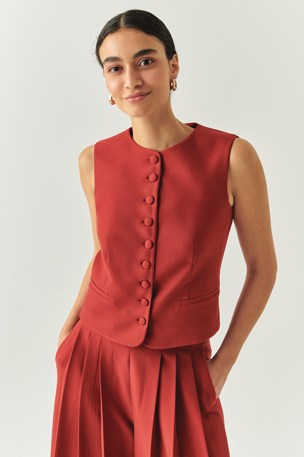 Exquise-Bisiklet Yaka Fileto Cep Astarlı Düz Regular Kiremit Yelek-YELEK-1-Milagron.com