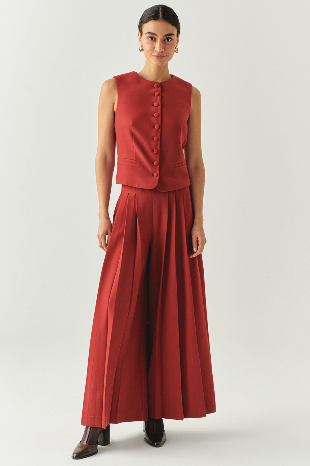 Exquise-Bisiklet Yaka Fileto Cep Astarlı Düz Regular Kiremit Yelek-YELEK-4-Milagron.com