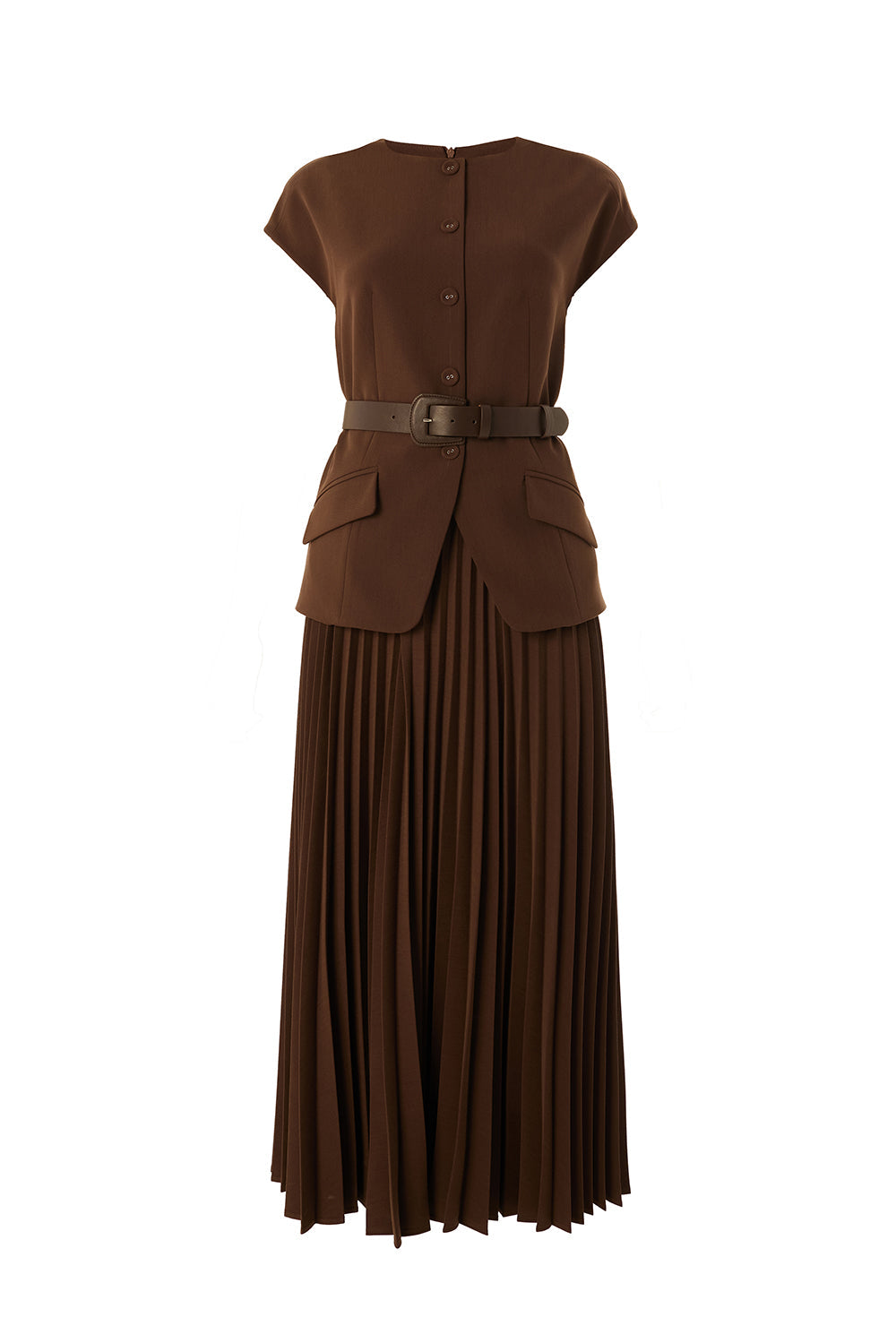 Exquise-Bisiklet Yaka Kemerli Plisoley Slim Fit Midi Kahve Elbise-ELBİSE-8-Milagron.com