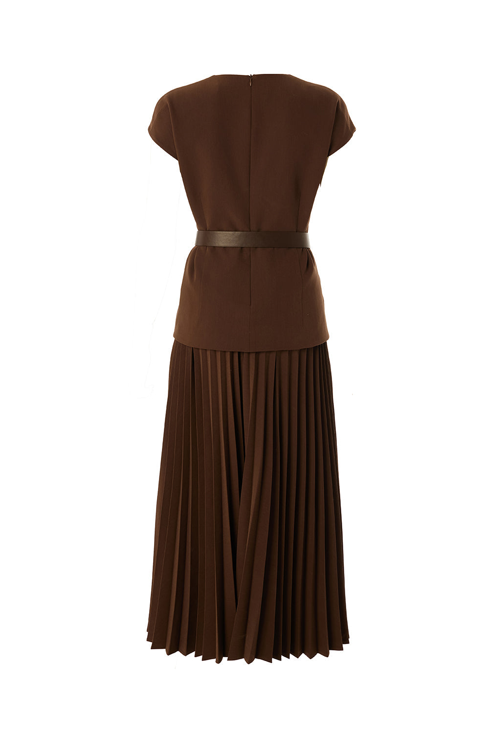 Exquise-Bisiklet Yaka Kemerli Plisoley Slim Fit Midi Kahve Elbise-ELBİSE-9-Milagron.com