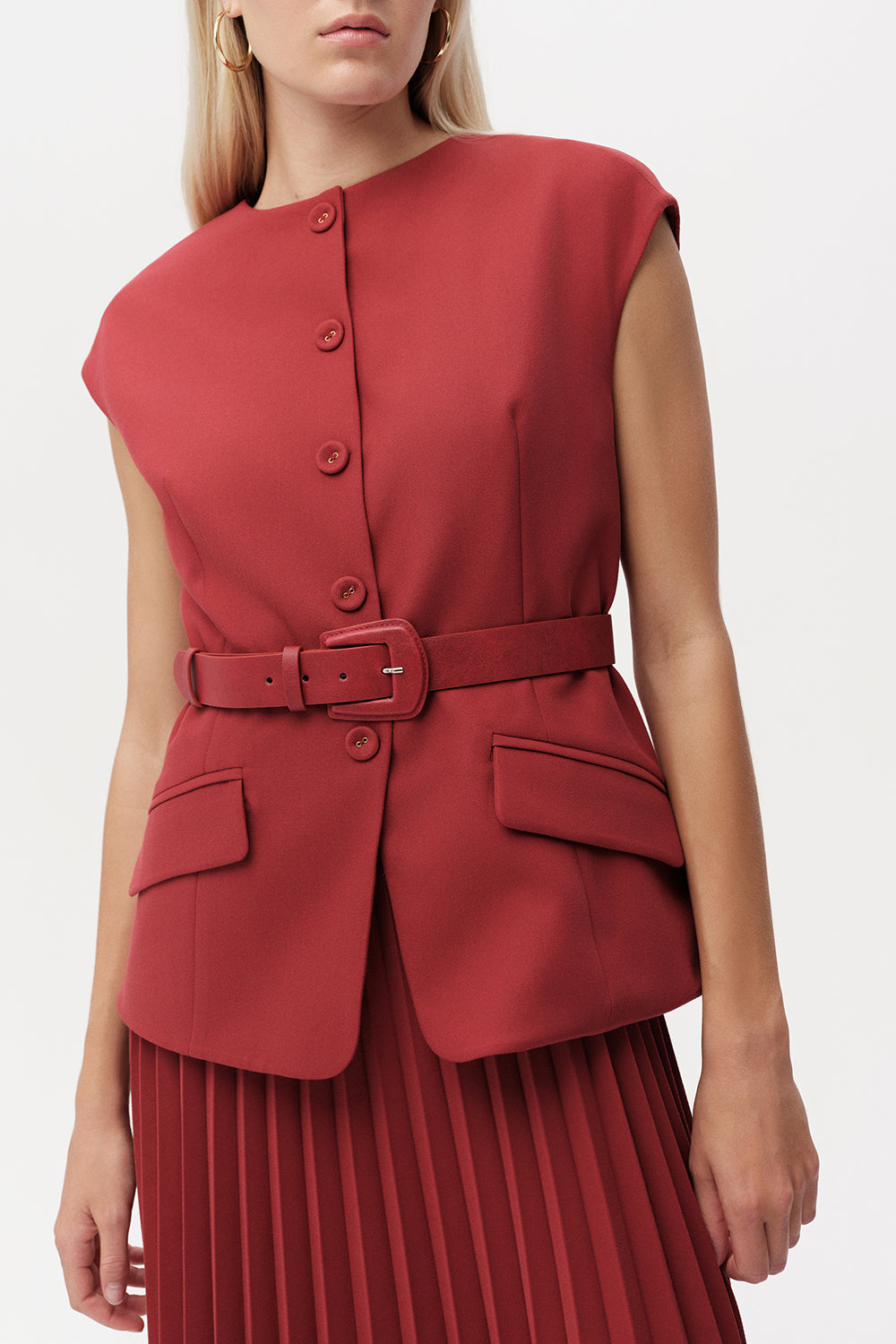 Exquise-Bisiklet Yaka Kemerli Plisoley Slim Fit Midi Kiremit Elbise-ELBİSE-4-Milagron.com