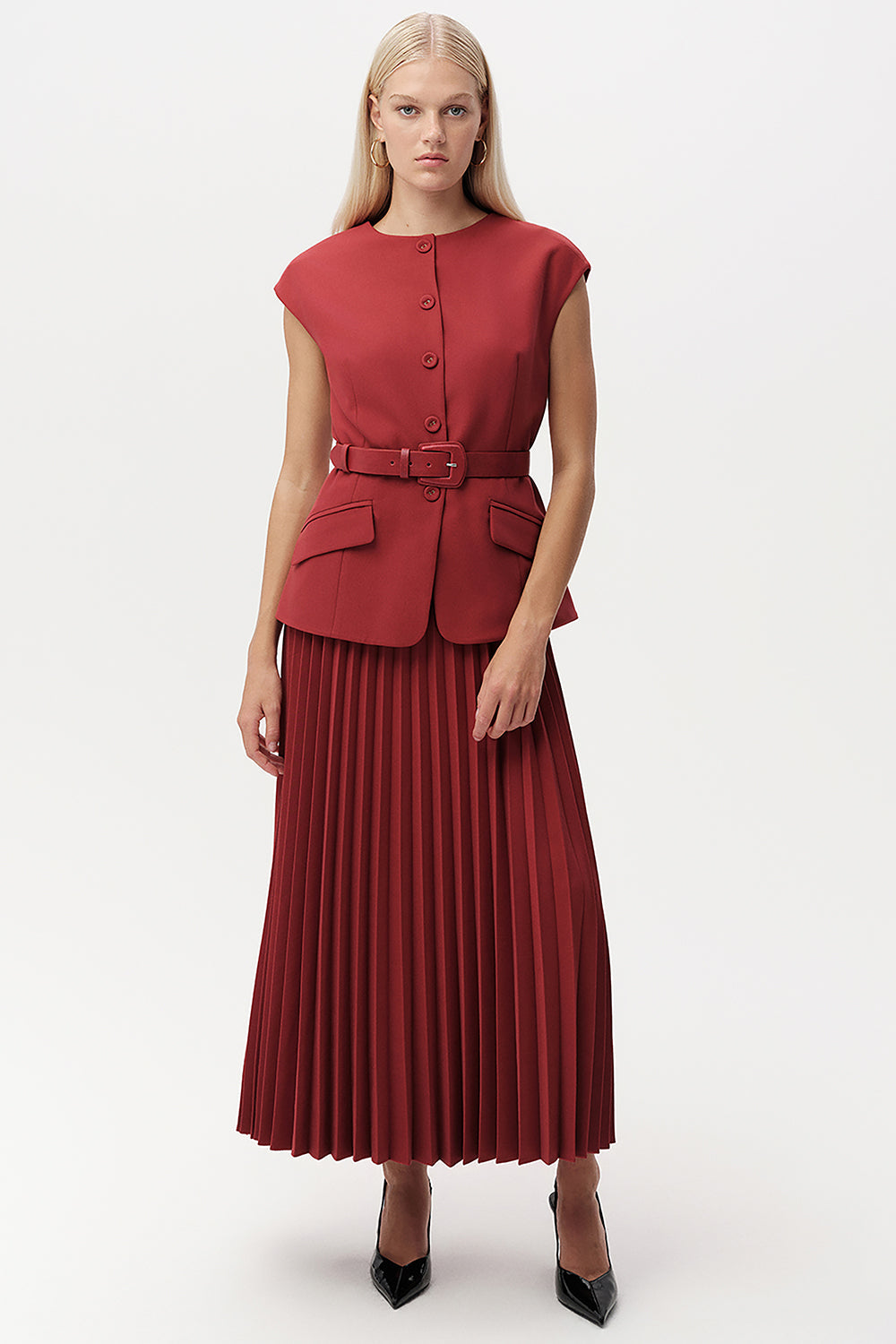 Exquise-Bisiklet Yaka Kemerli Plisoley Slim Fit Midi Kiremit Elbise-ELBİSE-5-Milagron.com