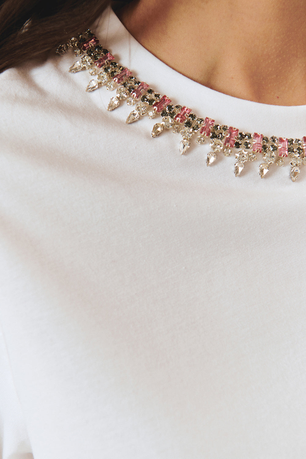 Exquise-Bisiklet Yaka Kristal Taş İşlemeli Beyaz Regular Pamuklu örme Tişört-T-Shirts-3-Milagron.com