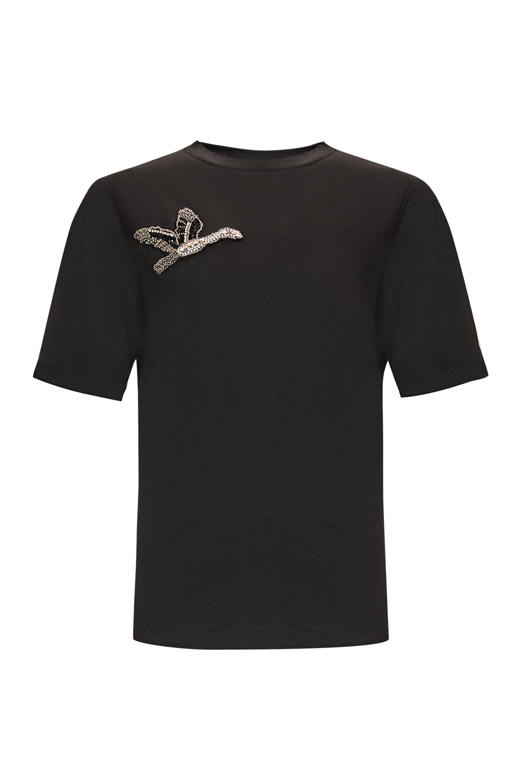 Exquise-Bisiklet Yaka Kuş İşlemeli Kısa Kollu örme T Shirt-T-SHIRT-1-Milagron.com