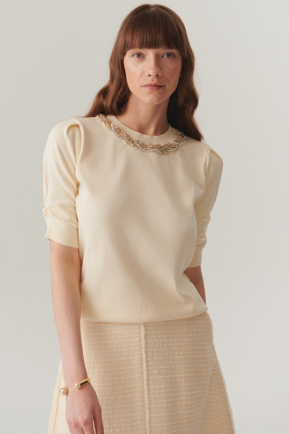 Exquise-Bisiklet Yaka Taş İşlemeli Triko Bluz-BLUZ-1-Milagron.com