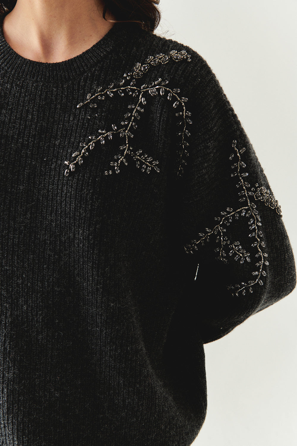 Exquise-Bisiklet Yaka Taş İşlemeli Uzun Kollu Oversize Gri Triko Bluz-BLUZ-5-Milagron.com