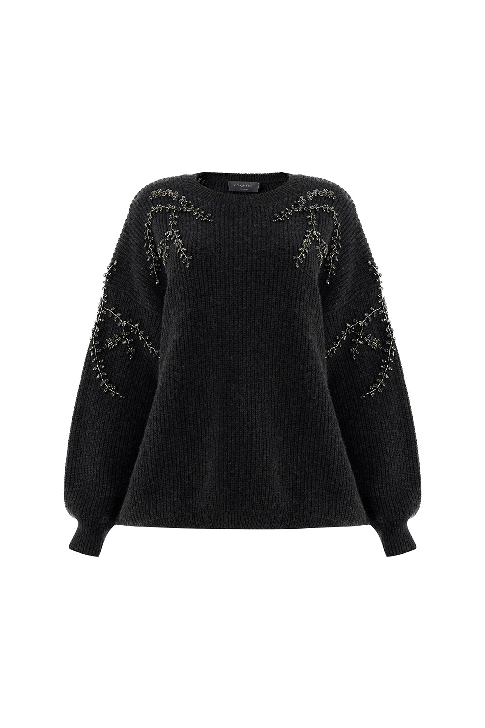 Exquise-Bisiklet Yaka Taş İşlemeli Uzun Kollu Oversize Gri Triko Bluz-BLUZ-7-Milagron.com