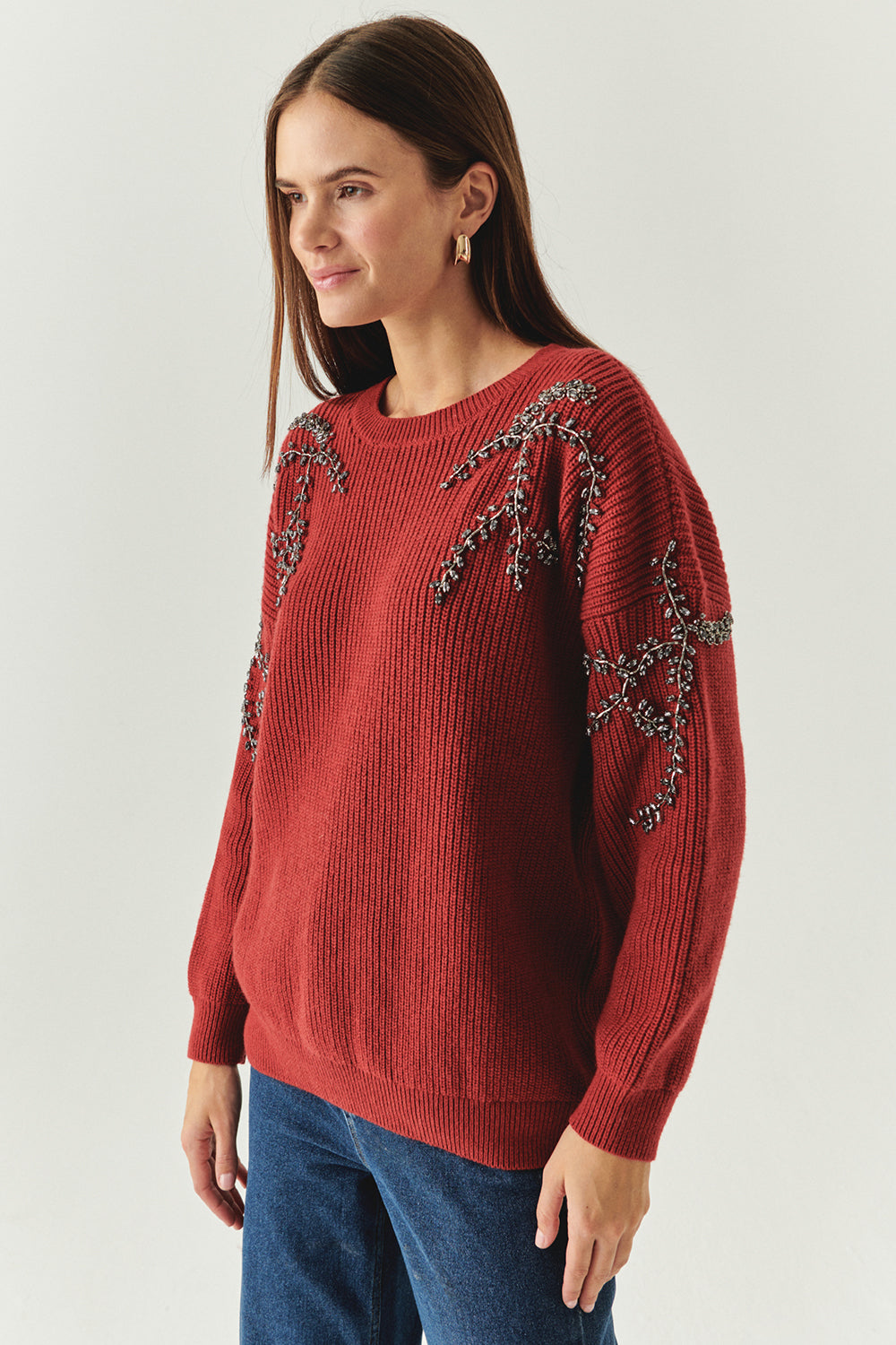 Exquise-Bisiklet Yaka Taş İşlemeli Uzun Kollu Oversize Vişne Triko Bluz-BLUZ-3-Milagron.com