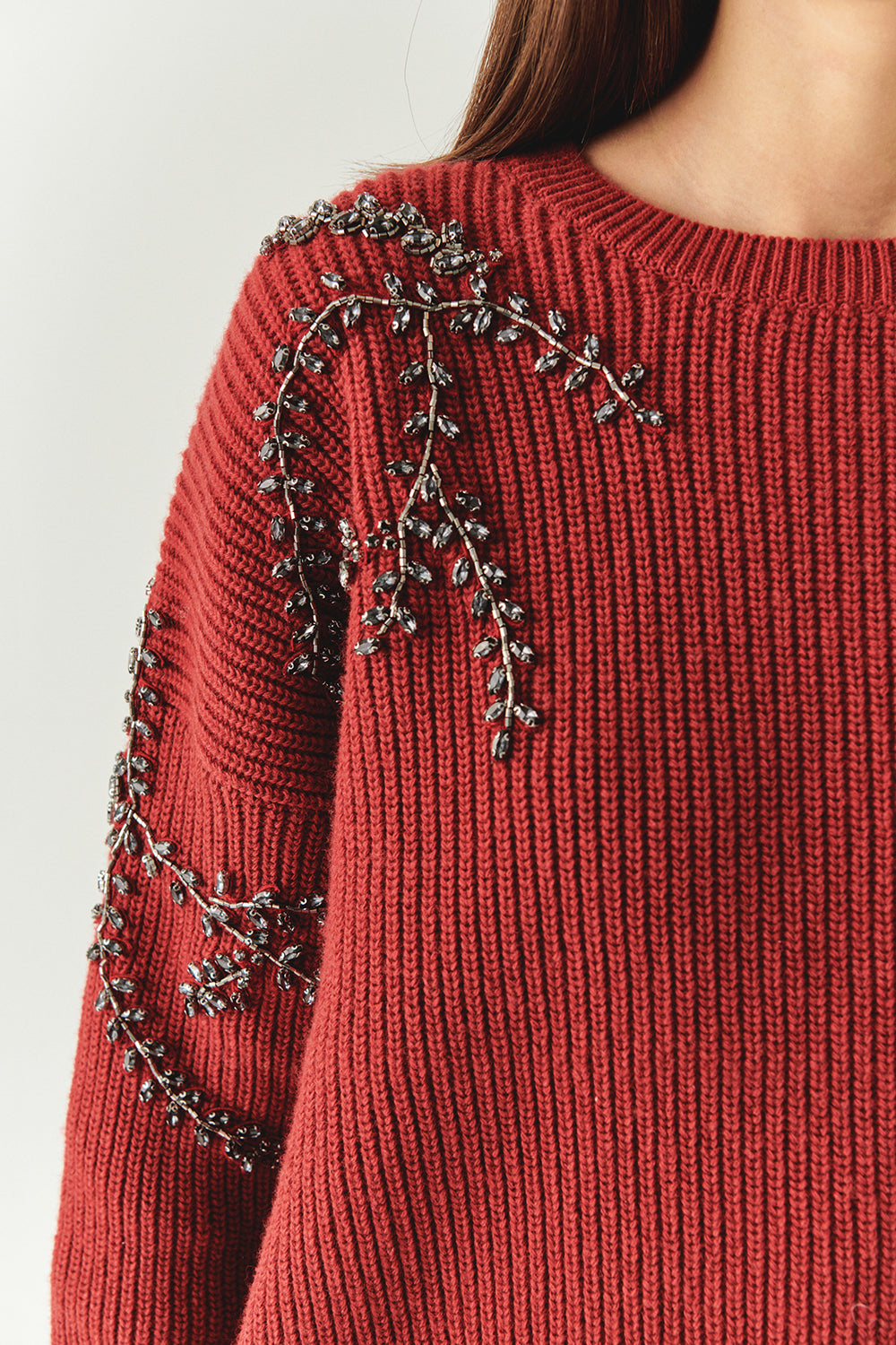 Exquise-Bisiklet Yaka Taş İşlemeli Uzun Kollu Oversize Vişne Triko Bluz-BLUZ-5-Milagron.com