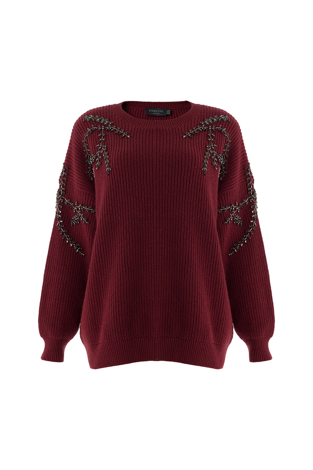 Exquise-Bisiklet Yaka Taş İşlemeli Uzun Kollu Oversize Vişne Triko Bluz-BLUZ-6-Milagron.com