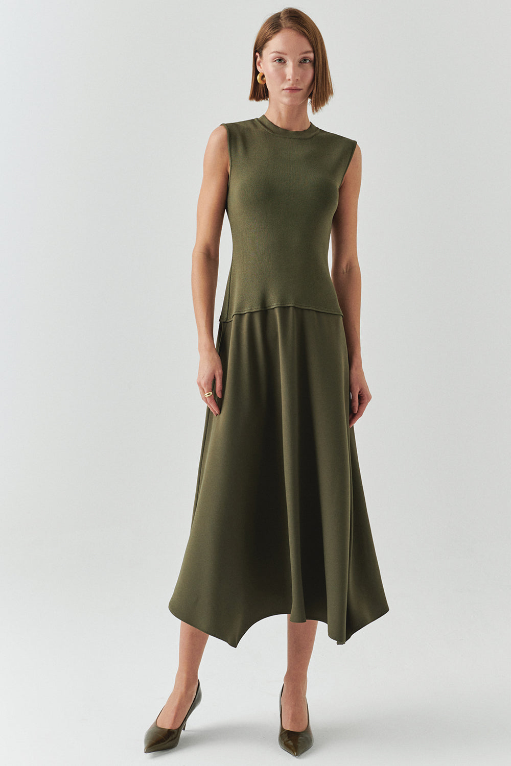 Exquise-Bisiklet Yaka Triko Garnili Asimetrik Kesim Slim Fit Midi Haki Elbise-ELBİSE-1-Milagron.com