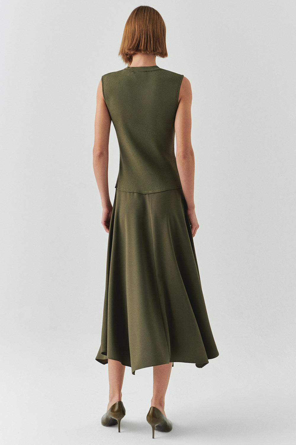 Exquise-Bisiklet Yaka Triko Garnili Asimetrik Kesim Slim Fit Midi Haki Elbise-ELBİSE-3-Milagron.com