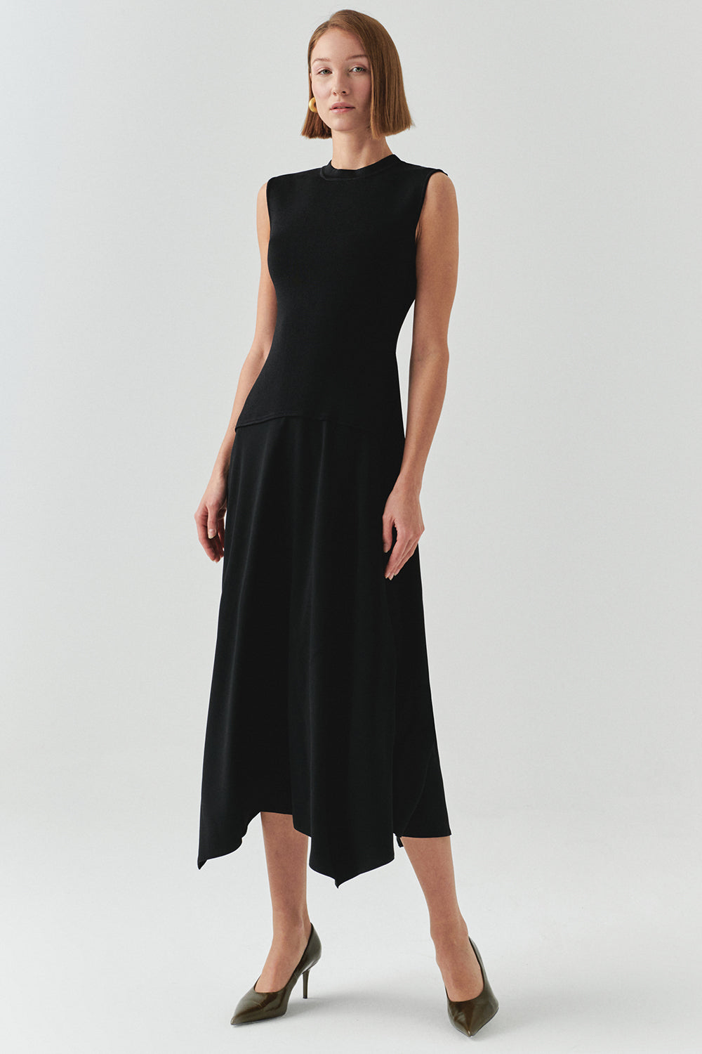 Exquise-Bisiklet Yaka Triko Garnili Asimetrik Kesim Slim Fit Midi Siyah Elbise-ELBİSE-1-Milagron.com