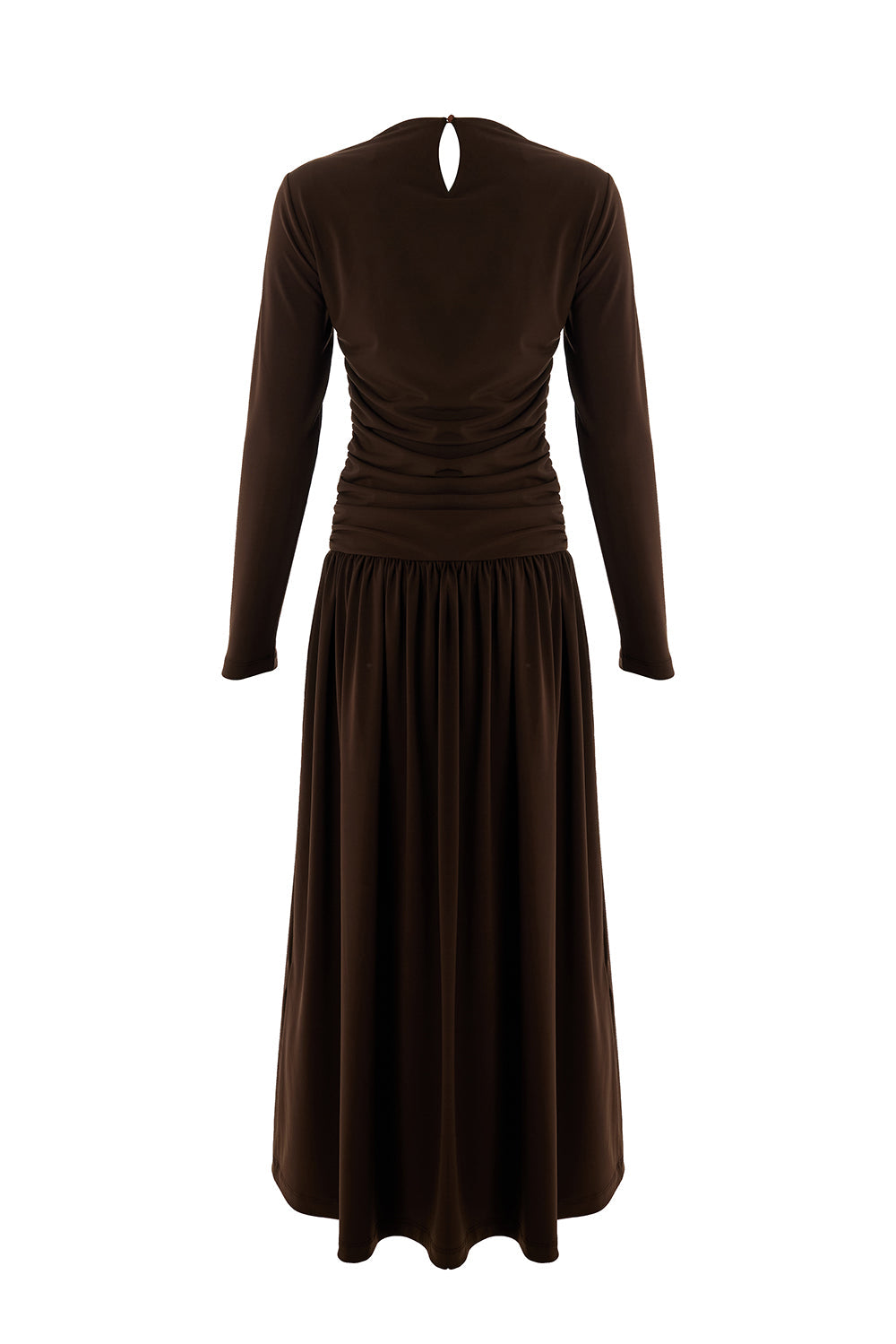 Exquise-Bisiklet Yaka Uzun Kollu Drapeli Slim Fit Midi Örme Kahve Elbise-ELBİSE-8-Milagron.com