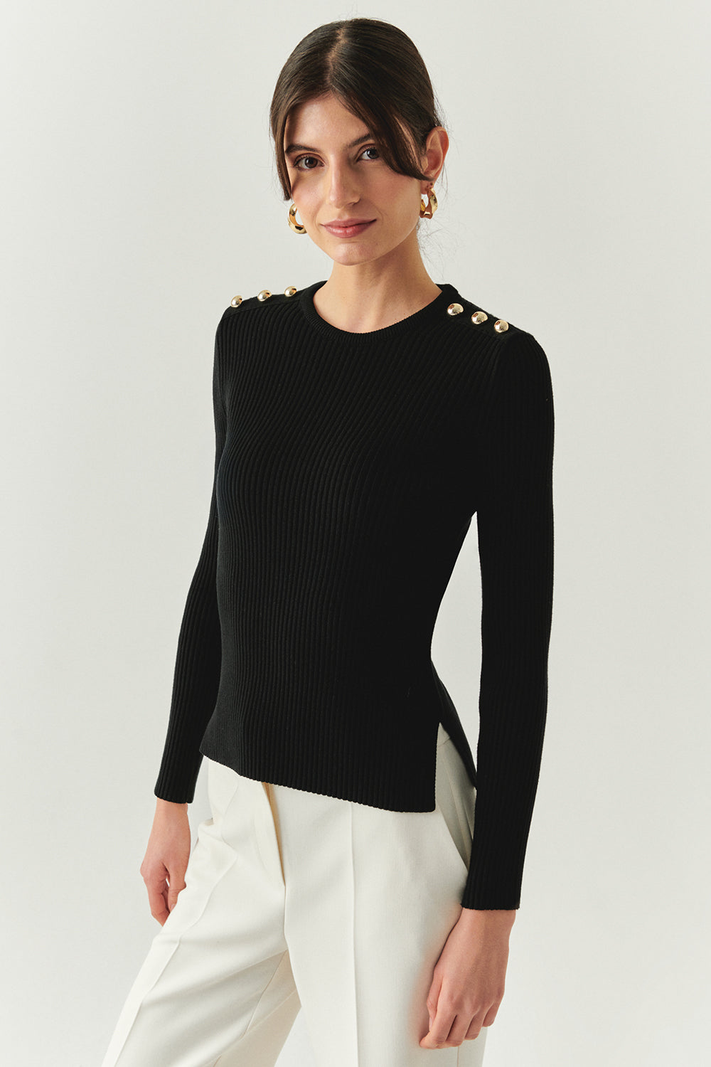 Exquise-Bisiklet Yaka Uzun Kollu Düğme Detaylı Slim Fit Triko Siyah Bluz-BLUZ-2-Milagron.com