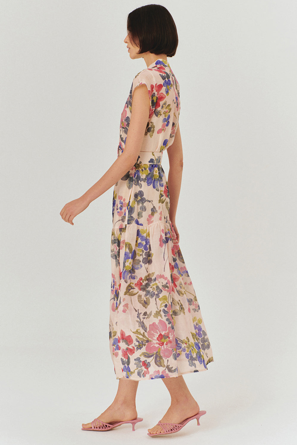 Exquise-Bisiklet Yaka önden Düğmeli Bele Oturan Kolsuz Floral Desen Elbise-ELBİSE-2-Milagron.com